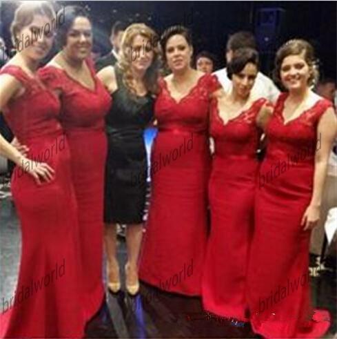 New Trend Red Mermaid Lace Long Bridesmaids Dresses With Cap Short Sleeves V Neck Sexy Prom Gowns Formal Wedding Party Dress Plus Size