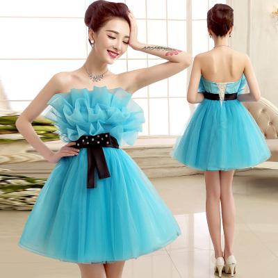 Sky Blue Fashion Ball Gown Strapless Ruffled Short Tulle Bridesmaid Dress with Black Bow 2015 Gowns