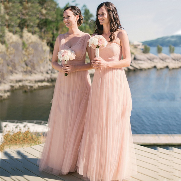 2016 Newest Beach Bridesmaid Dresses Blush Pink Soft Tulle A Line Wedding Party Gowns Sheer Straps Sweetheart Custom Made Maid of Honor