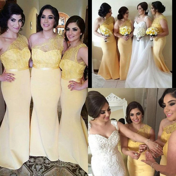 Gold Bridesmaid Dresses 2016 Best Selling One Shoulder Mermaid Sleeveless Floor Length Custom Made Wedding