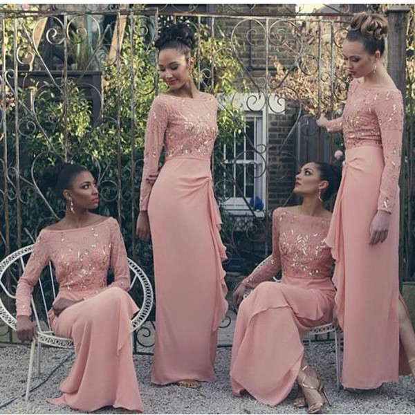 Long Sleeve Muslim Wedding Chiffon Bridesmaid Dresses 2015 Lace Appliques Beads Hijab Maid of Honor Gowns Islamic Coral