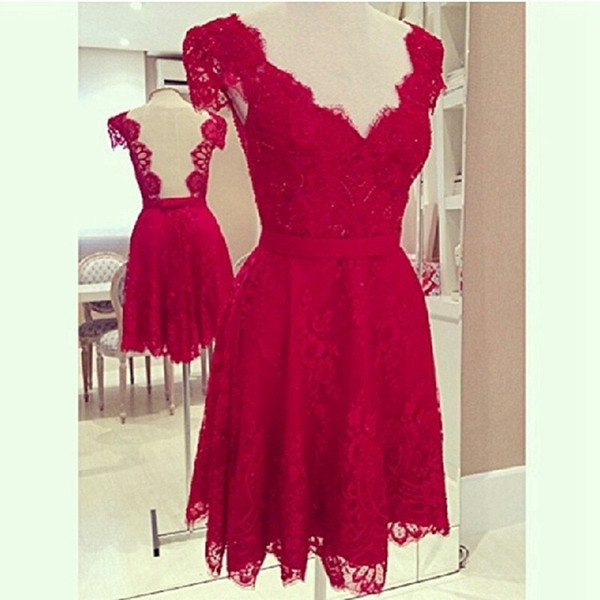 Red Bridesmaid Dresses Lace Sexy Backless Cap Sleeve V-neck Evening Knee-Length Sheath Formal Gowns