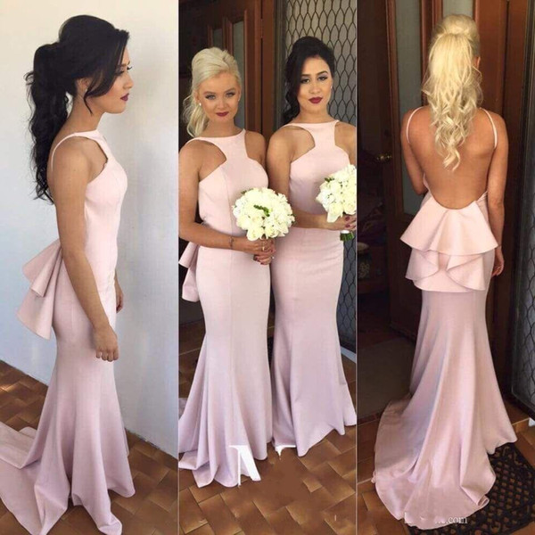 Pink Long Bridesmaid Dresses Draped Ruffles Backless Sexy Mermaid Bridesmaid Dresses Cheap Skirt Train Charming Wedding Party Gowns 2015