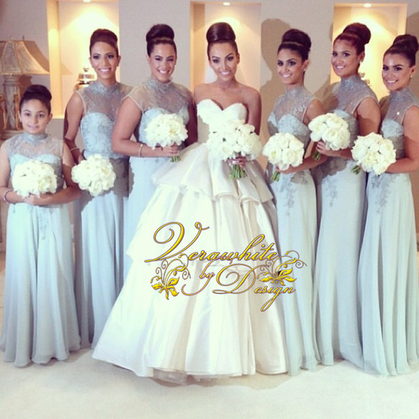 Selling A-Line Bridesmaid Dresses High Neck Light Blue Chiffon Sleeveless with Pleats Zipper Back Floor-Length 2016 Evening Party Gowns