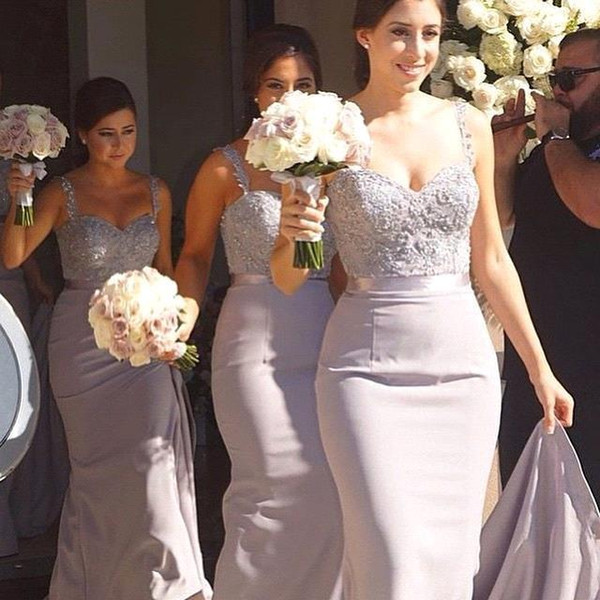 Silver Mermaid Bridesmaid Dresses 2015 Sweetheart Appliques Beads Sweep Train Long Dress For Wedding Party Gowns