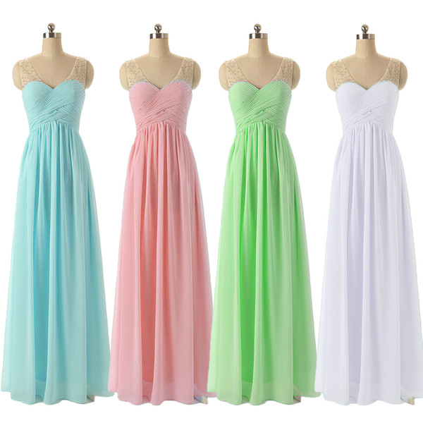 2015 Vintage Bridesmaid Dresses Under 100 Cheap Chiffon Beaded Pleated V Neck Prom Formal Dresses Party Maid of Honor Dresses Wedding Gowns