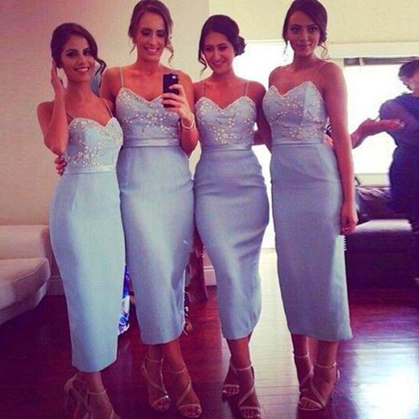 2016 New Blue Lace Applique Bridesmaid Dresses With Straps Tea Length Sheath Sexy Party Prom Dress for Wedding With Sash Vestidos Cheap