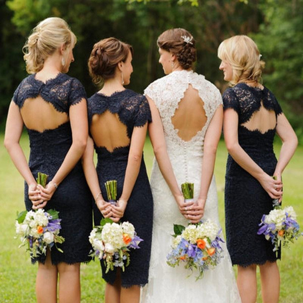 Navy Blue Sheath Column Knee Length Lace Bridesmaid Dresses Open Back Backless Short Sleeve Cocktail Gowns Short Prom 2015 Custom Made