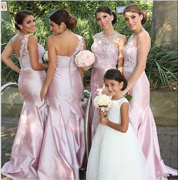 Mermaid Lace Bridesmaid Dresses Pink One Shoulder Maid of Honor Dresses Wedding Party Gowns Guest Gowns Covered Buttons Cheap Arabic 2015