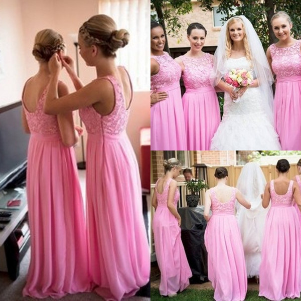 Hot Sheer Lace Long Bridesmaid Dresses 2015 Jewel A line Chiffon Pleated Backless Real Wedding Cheap Party Gown