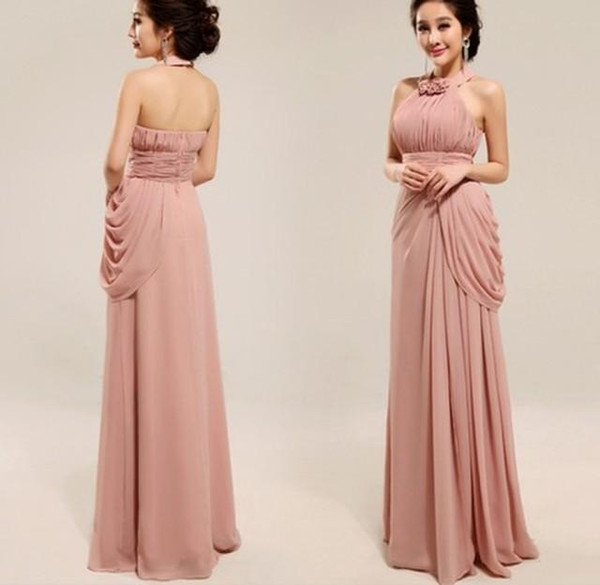 Nude Pink Long Chiffon A Line Halter Neck Ruched Split Bridesmaid Dress 2015 Pleated Party Dress