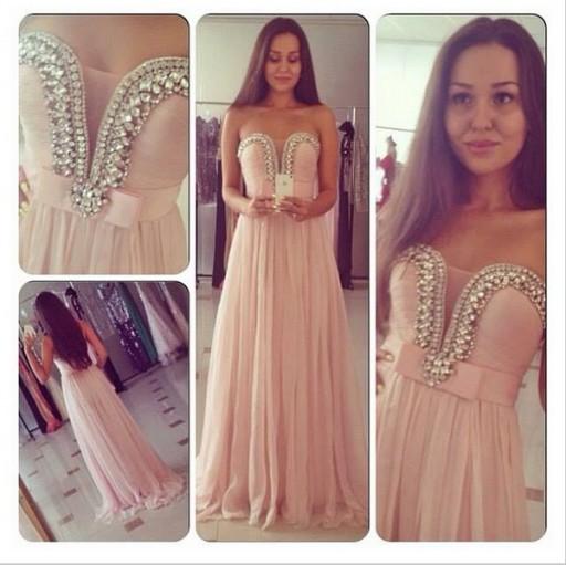 Beach Style A Line Sweetheart Long Pink Chiffon Bridesmaid Dresses With Crystal Beaded Prom Dresses With Sleeveless