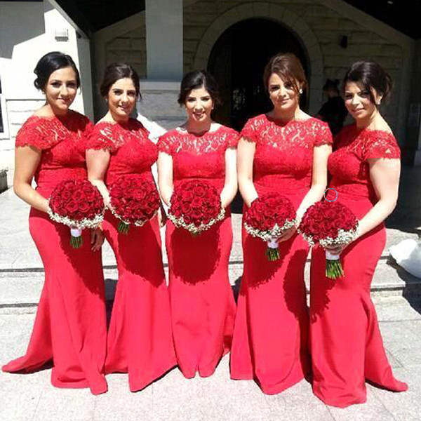 Elegant Red Long Formal Short Sleeves Bridesmaid Dresses 2015 Mermaid Illusion Bateau Neck Cap Sleeves Floor Length Wedding Party Gowns