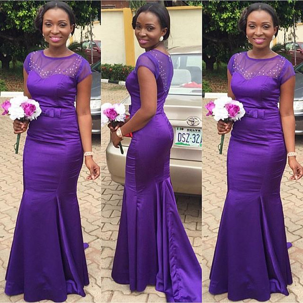New Purple Beaded Cheap Bridesmaid Dresses 2016 Mermaid With Short Sleeves Sheer Jewel Neckline Satin Prom Dress With Bow Sash