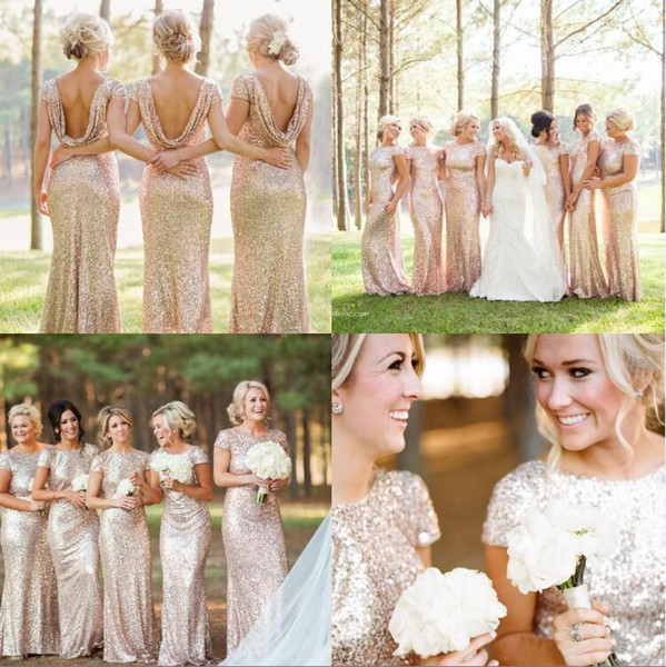 Sparkly Rose Gold Cheap Mermaid Bridesmaid Dresses 2016 Short Sleeve Sequins Backless Long Beach Wedding Party Gowns Gold Champagne