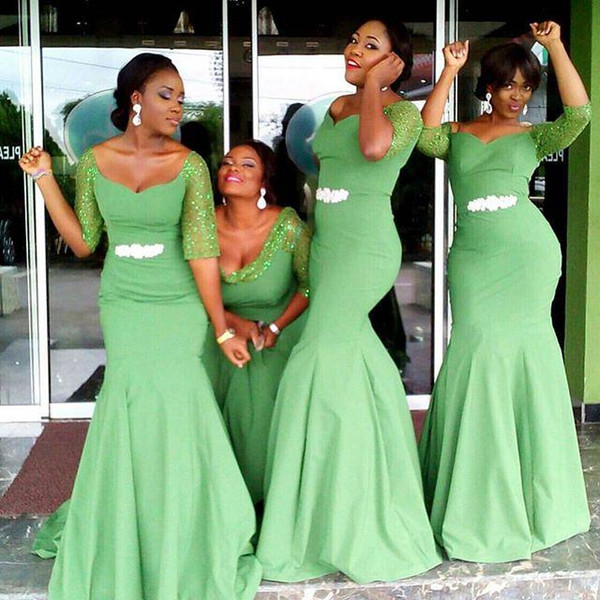 Green Bridesmaid Dress With Half Sleeve Chiffon Sheer Evening gowns Long Floor Length Africa Plus Size Crystal Formal party Prom Dress 2015