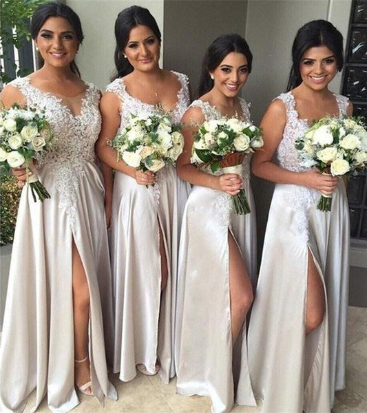 2016 New Arrival Front Split Silver Bridesmaid Dresses Plus Size Long Cheap Party Dresses Formal Gown Custom Made