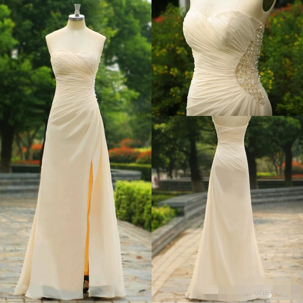 2015 Beige Strapless Sexy Bridesmaid Dresses Crystal Beads Glitz Sheer Chiffon Formal Sheath Side Slit Formal Evening Prom Gowns