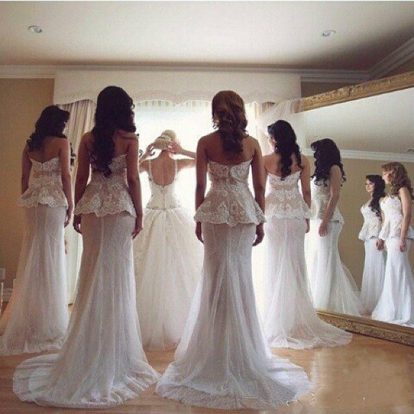 2015 Lace Long Bridesmaid Dresses Appliqued Peplum Sweetheart Mermaid Tulle Sweep Train Maid Of Honor Gowns Wedding Party Formal Dresses