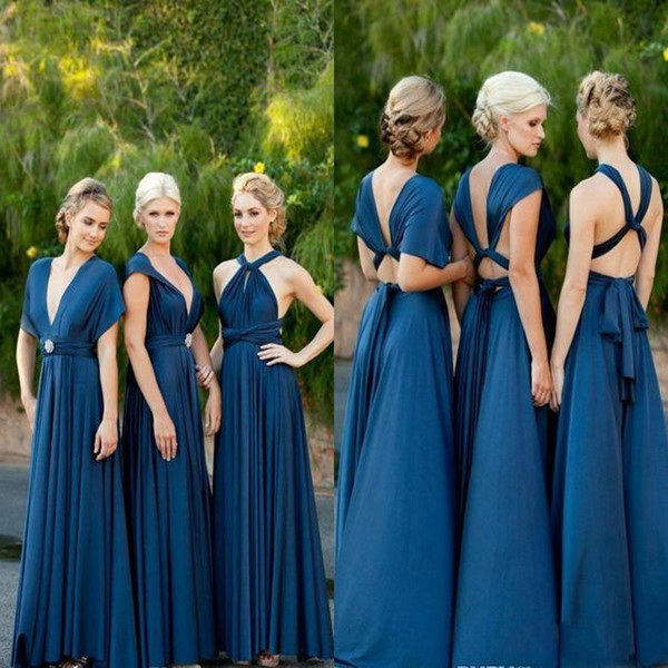 Blue Convertible Long Bridesmaid Dresses 2015 Cheap A Line Pleats Hot Wedding Party Gowns High Quality