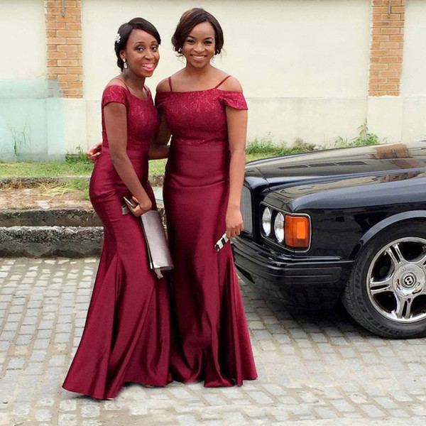 2016 Elegant Burgundy Bridesmaid Dresses Plus Size Mermaid Off the Shoulder Spaghetti Straps Lace Top Bridesmaids Gowns for Wedding Party