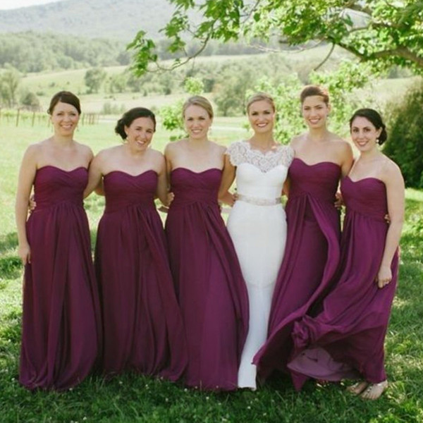 Classical Plum Bridesmaid Dresses A Line Plus Size Flowing Chiffon Ruched Sweetheart Neckline Sleeveless Wedding Party Maid of Honor Gowns