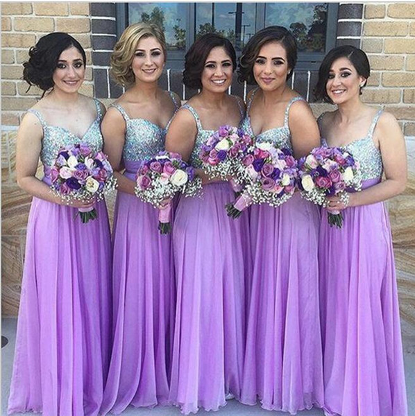 Lavender Chiffon Long Bridesmaid Dresses 2016 New Sequins Spaghetti Straps A-Line Long Formal Evening Prom Gowns No Sleeve Vestidos Exquiste