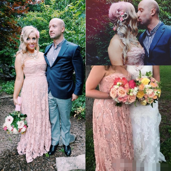 2016 Gorgeous Peach Pink Bridesmaid Dresses A Line Sweetheart Lace Appliques Zipper Back Floor Length Women Formal Party Dresses