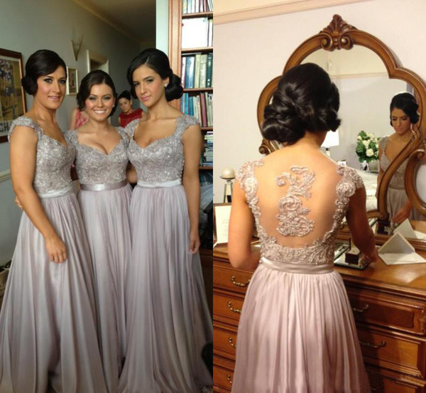 2014 In Stock Sexy Cheap Chiffon Wedding Bridesmaid Dresses Embroidery Bead A Line With Sweetheart Short Sleeve Sheer Back Floor Length