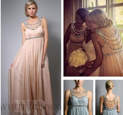 2015 Chiffon Beach Bridesmaid Dresses Scoop Empire Full Length Evening Gowns Maternity Plus Size Crystal Beaded Party Dress