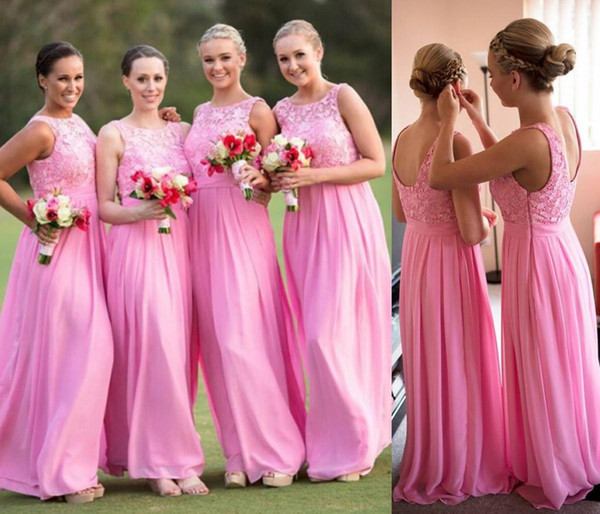 Pink Lace Chiffon Long Bridesmaid Dresses Backless Sheer Neck Floor Length Garden Formal Bridal Party Maid of Honor Gowns 2015 Summer Cheap