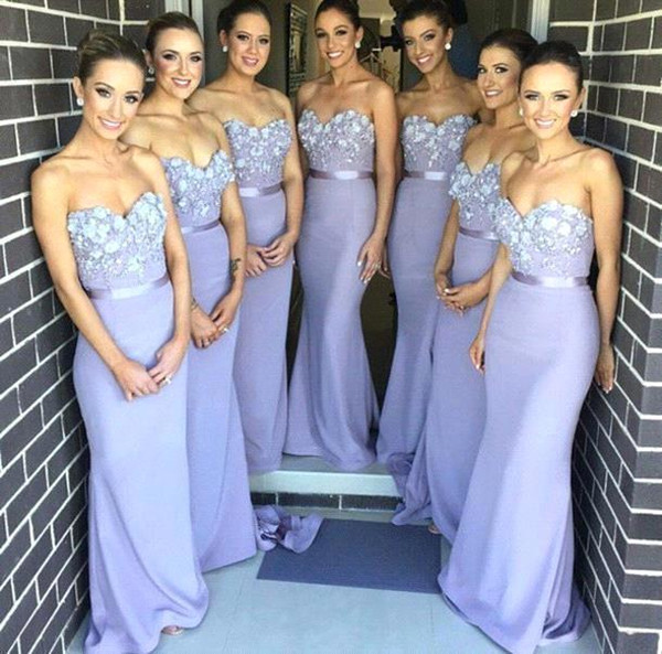 Lavender Long Bridesmaid Dresses 2015 Sweetheart Lace Appliqued Mermaid Spandex Floor Length Wedding Party Gowns Custom made