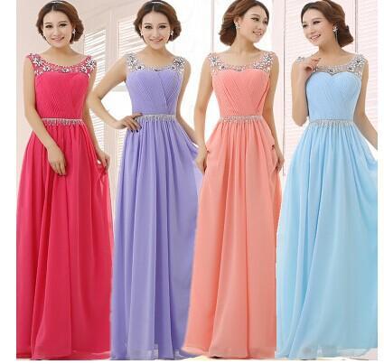 2015 New Long Chiffon Bridesmaid Dress Fashion Scoop Neck Beaded Rhinestone Party Gown vestido para madrinha