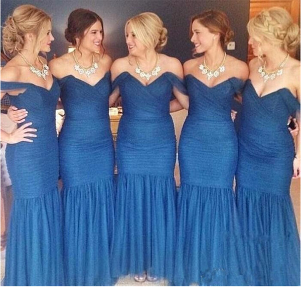 Top Fashion Mermaid Bridesmaid Dresses Cheap Sexy Off Shoulder Pleated Organza Royal Blue Bridesmaids Dresses