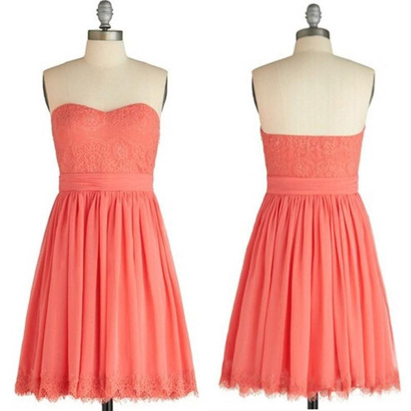 Coral Knee Length A Line Short Bridesmaid Dresses 2015 Lace and Chiffon Beach wedding party gowns