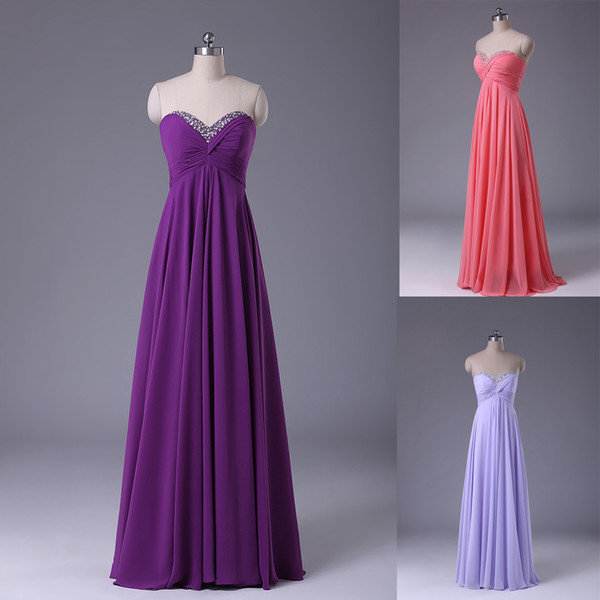 Cheap Purple Bridesmaid Dresses 2015 A Line Chiffon Sweetheart Pleated Beaded Formal Prom Dresses Wedding Gowns Custom Made Lace Up Back