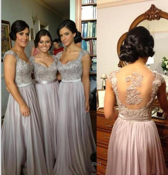 2015 Cheap Sexy Silver Prom Dresses Bridesmaid Dresses Lace Appliques Sequins Beads Cap Sleeves V Neck Chiffon Party Evening Gowns BO2673