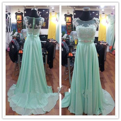 Real Beautiful Mint Lace Chiffon Long Bridesmaid Dresses Scoop Floor-length Full Back Cap Sleeve Prom Dresses with Beaded Evening Gown