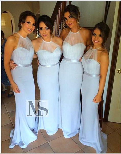 Sky Blue Halter Pleated Long Mermaid Bridesmaid Dresses 2015 Backless Sweep Train Spandex Cheap Simple Party Gowns