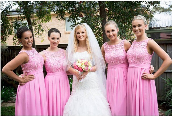 Pink Sage Lace Chiffon Long Bridesmaid Dresses Sheer Neck Floor Length Garden Formal Bridal Party Maid of Honor Gowns 2015 Summer Cheap