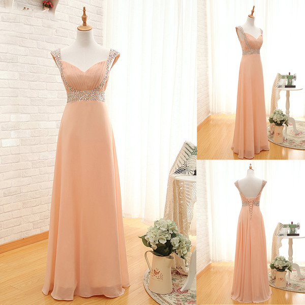 Cheap Beaded Bridesmaid Dresses A Line Chiffon Cap Sleeves Formal Prom Dresses Wedding Gowns Custom Made Lace Up Back