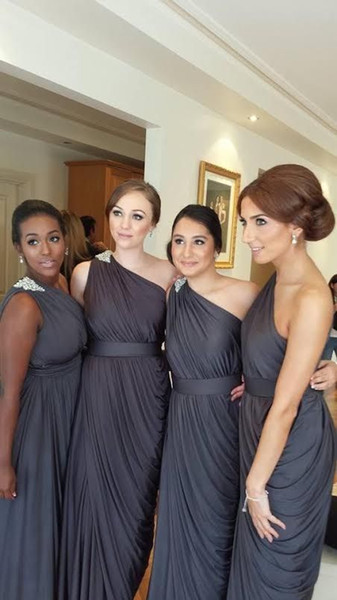 Custom Made Gray Ruched One-Shoulder Sheath Long bridesmaid Dresses With Applique On Shoulder Gray Chiffon Elegant Prom Wear Sexy Party Gown