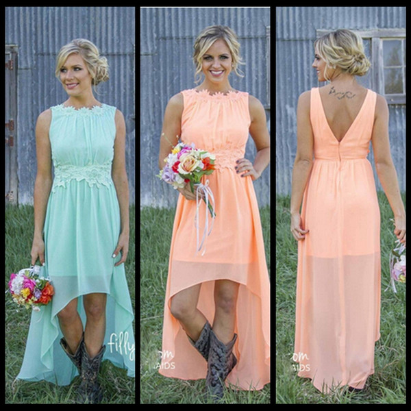 2016 Mint Orange Country Bridesmaid Dresses Under 100$ Knee length Hi-Lo Chiffon Junior Maid of Honor Dresses Beach Short Party Dress 2015