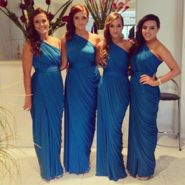 2015 Hot One Shoulder Long Elegant Blue Chiffon Ruffle Bridesmaid Dresses Custom Made Cheap Under 100 Maid Of Honour Wholesale 