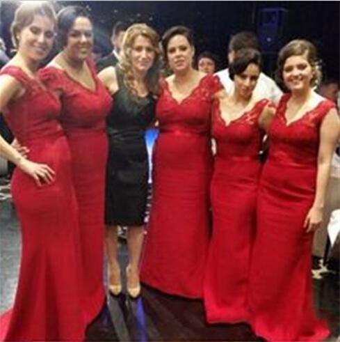 Hot Red Bridesmaid Dresses 2015 V neck Lace Top Mermaid Long Satin Fashion Bridesmaid Formal Wear Custom made