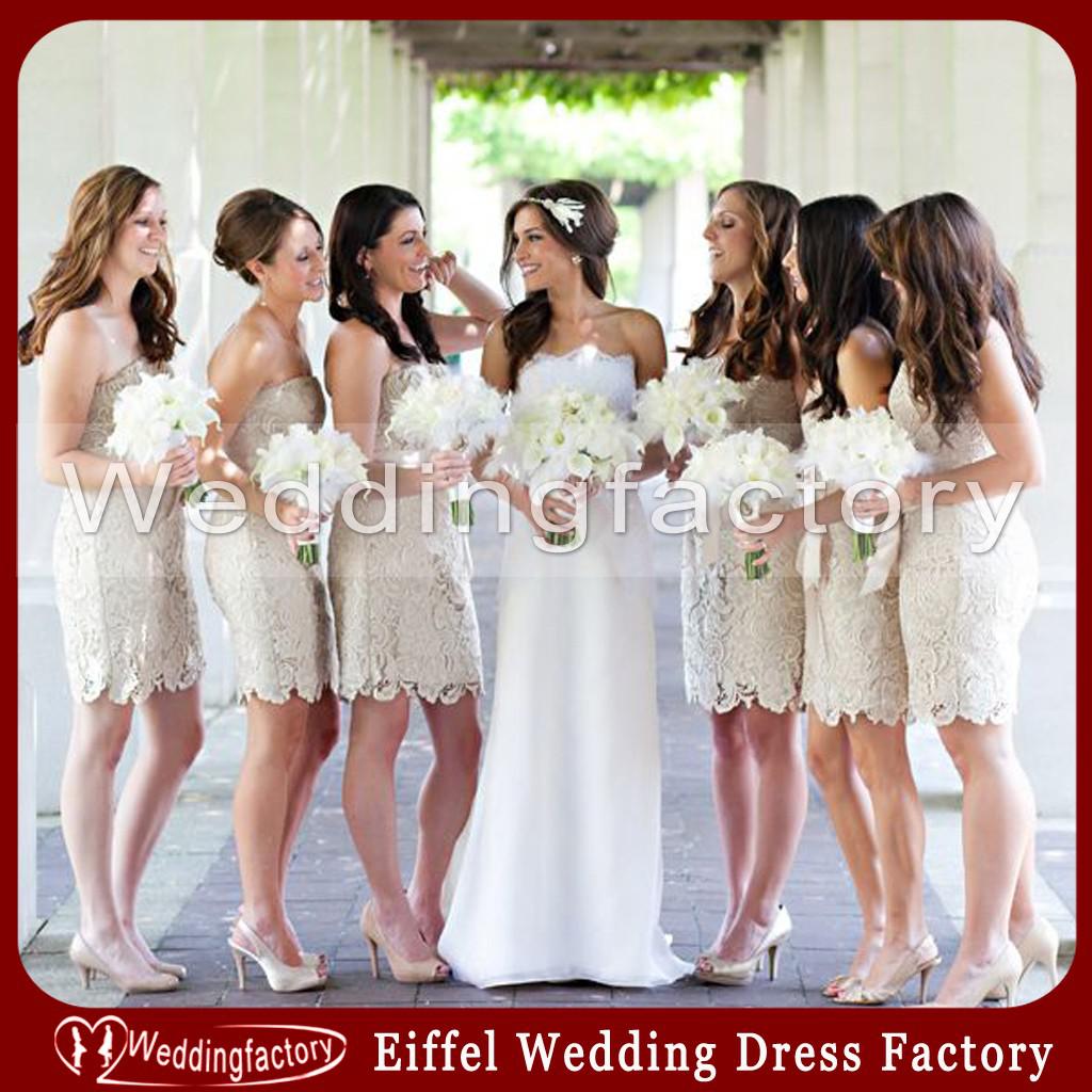 2015 Vintage Lace Bridesmaid Dresses Champagne Sheath Strapless Sleeveless Short Cocktail Dress Custom Made Cheap Maid of Honor Gowns