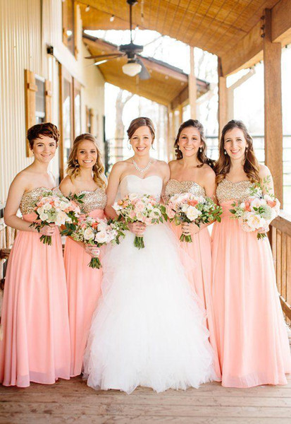 Pink Long Bridesmaid Dresses Chiffon A line Golden Sequined Formal Dresses Plus Size Sweetheart Wedding Party Gowns 2015 Bridesmaid Dress