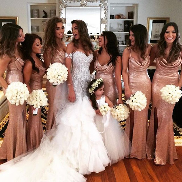 Sequined Long Bridesmaid Dress 2016 Hollow Cheap Beach Bridesmaids Dresses Evening Dresses With Slit Front