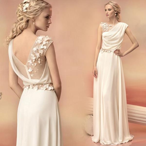 2015 White Bridesmaids Dresses with Sheer Back Floor Length Chiffon Flowers Wedding Party Dresses Prom Gowns TS002