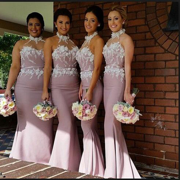 2015 Gorgeous Bridesmaid Dresses Mermaid Wedding Party Maid of Honor Gowns with High Neck Lace Appliques Sash and Open Back Sweep Train